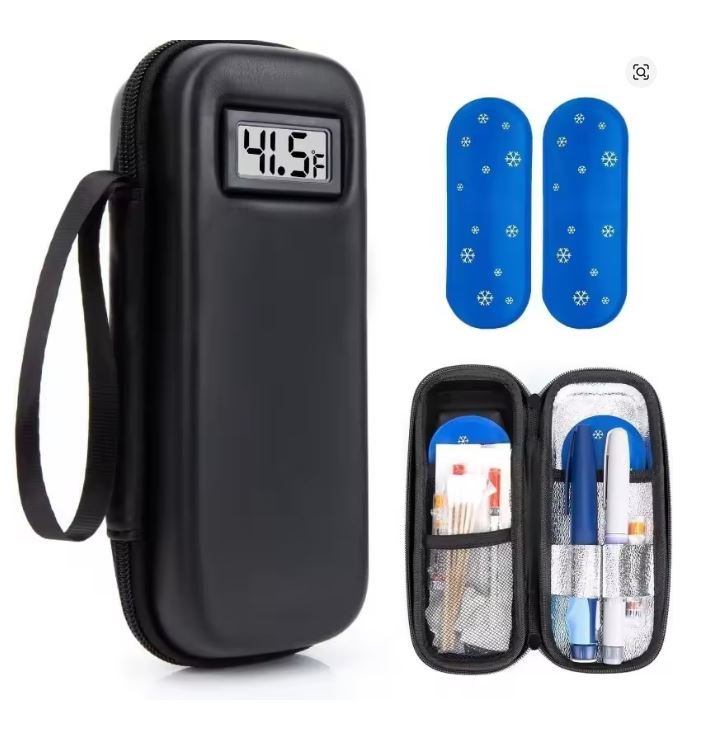 Open Black PeppiPens temperature travel case with display, cooling packs, and storage loops
